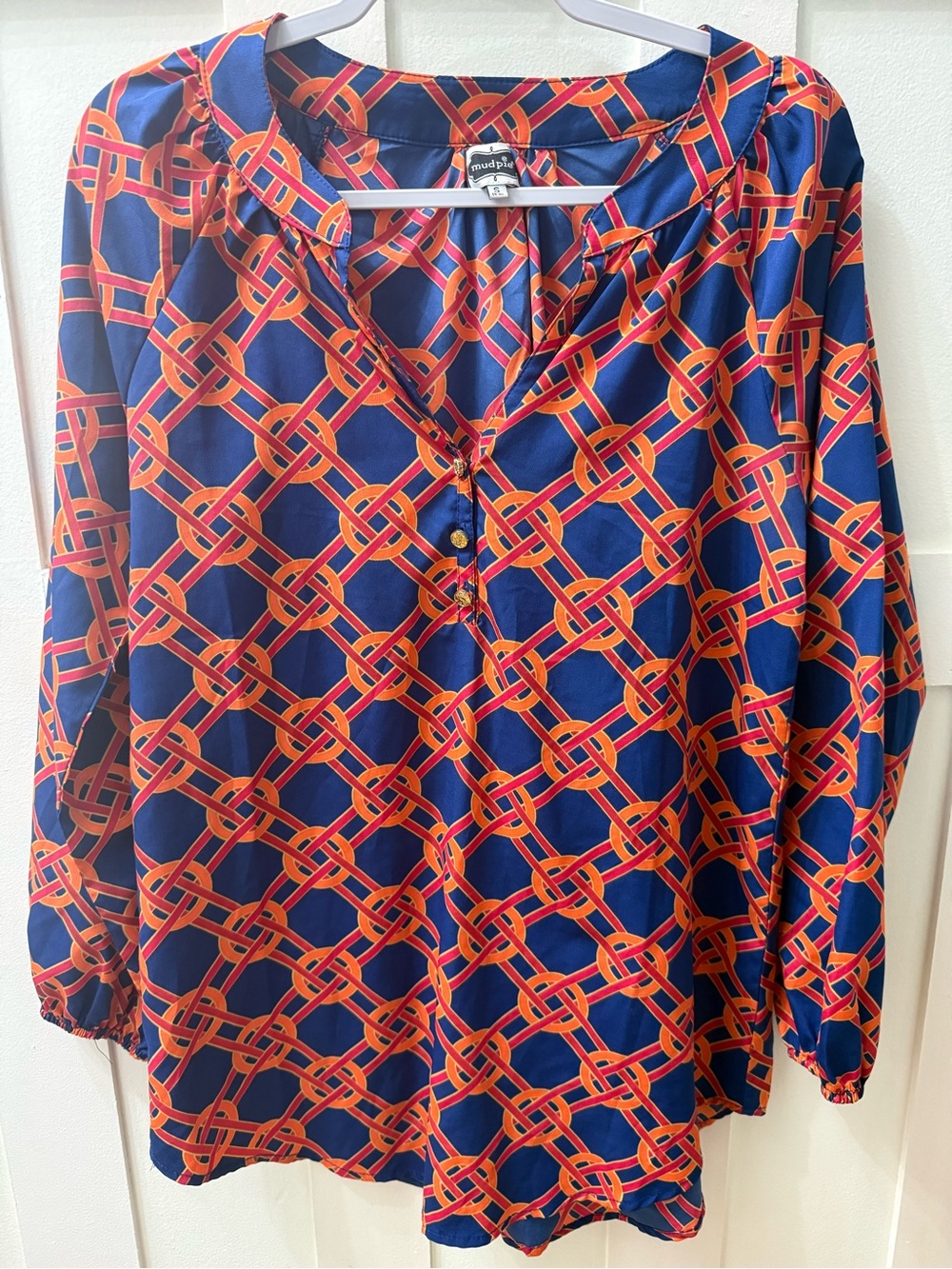 Mud Pie Navy Blouse with Red & Orange Link Print
